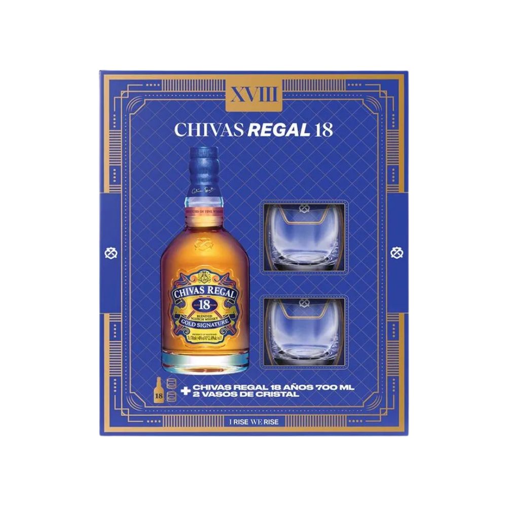CHIVAS 18 AÑOS 750 ML + 2 VASOS DE VIDRIO